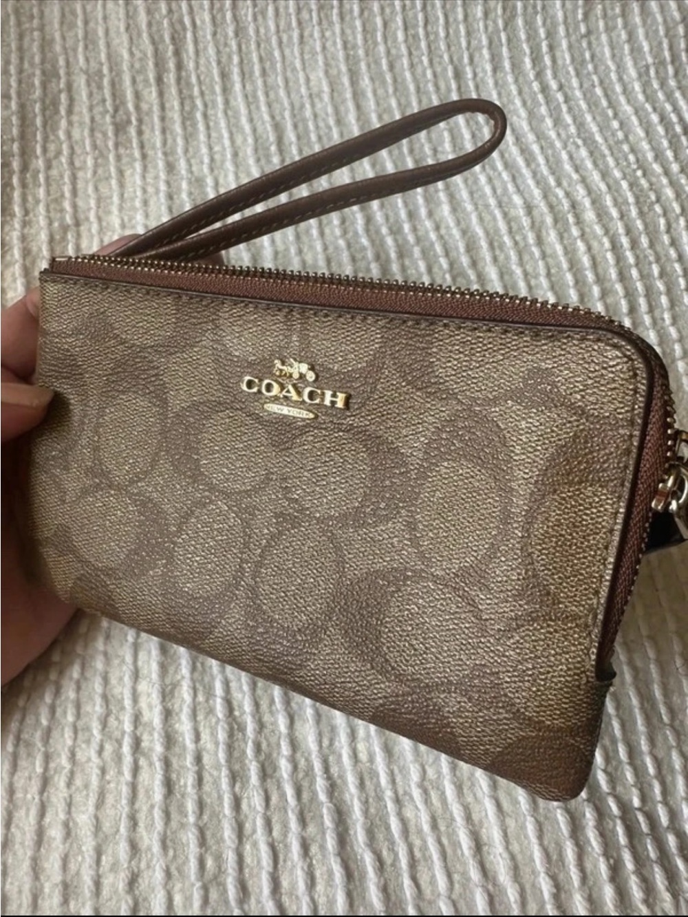 Coach Brown Signature Zip Wristlet with Gold Logo